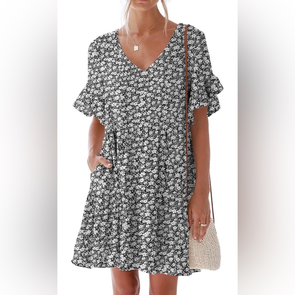 Floral V-Neck Dress with Ruffle Sleeves